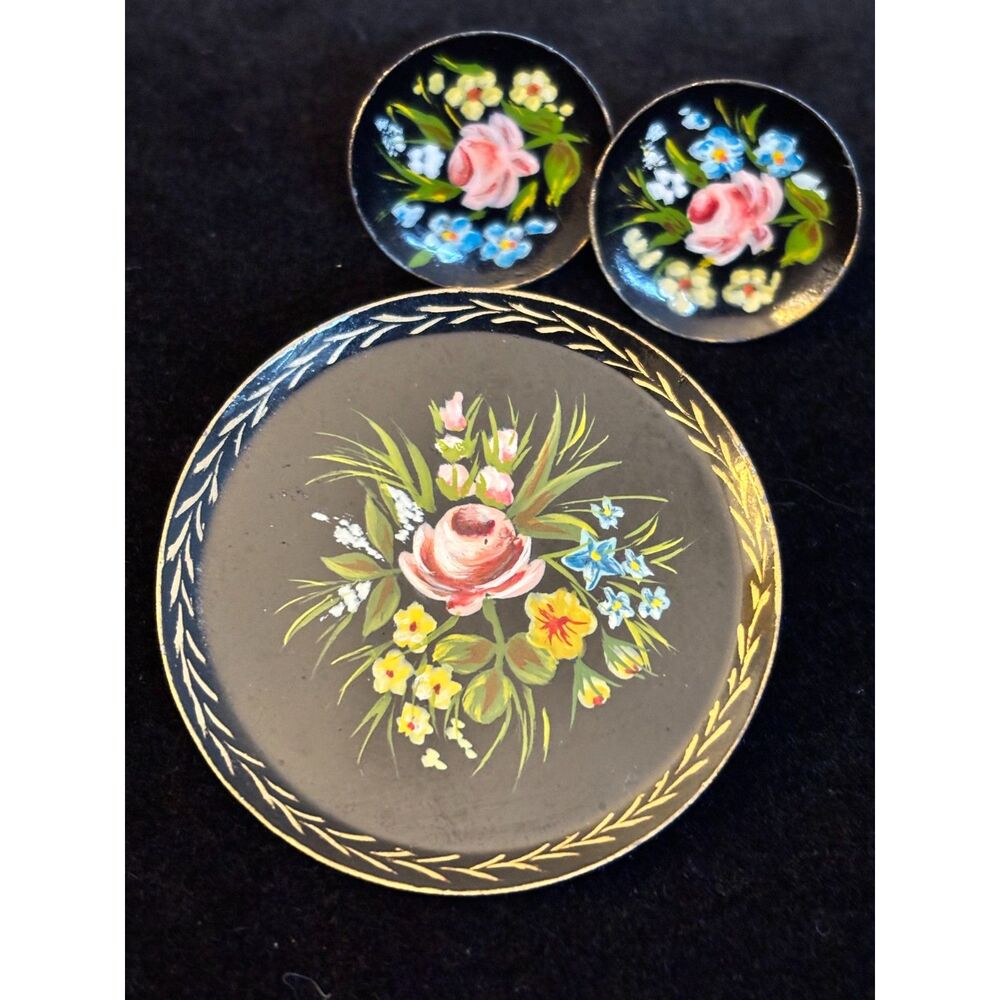 Signed Russian Hand Painted Floral Lacquer Brooch and Earrings Set